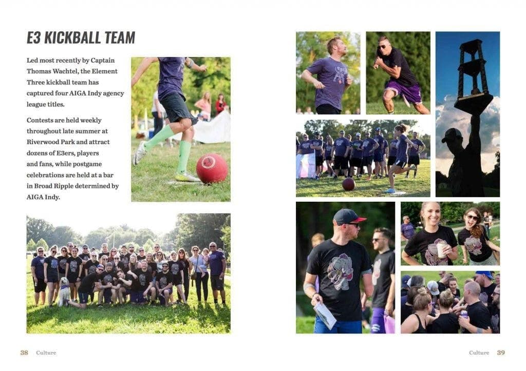Element Three company culture page showing kickball team event with player photos and group shot