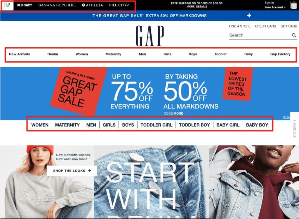 Gap Inc website homepage showing clothing products and promotions