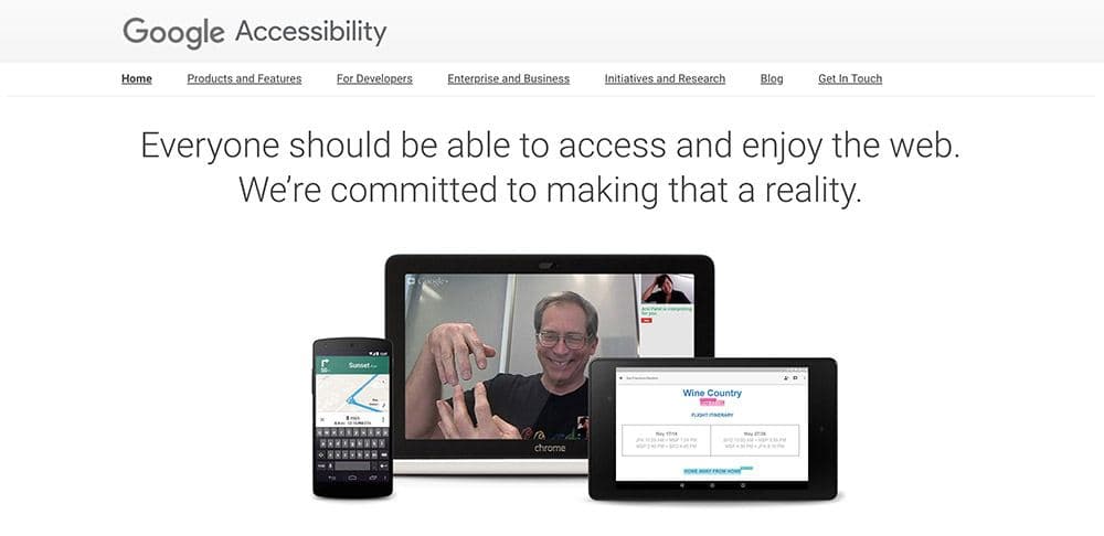 Google Accessibility landing page with messaging about inclusive web access