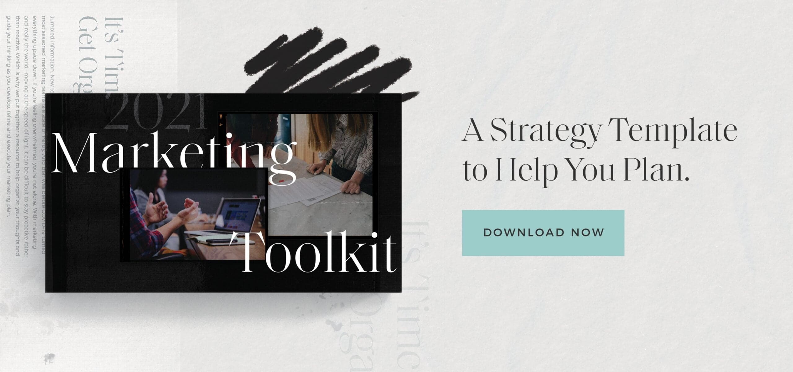 Marketing strategy toolkit promotional cover with team collaboration photos