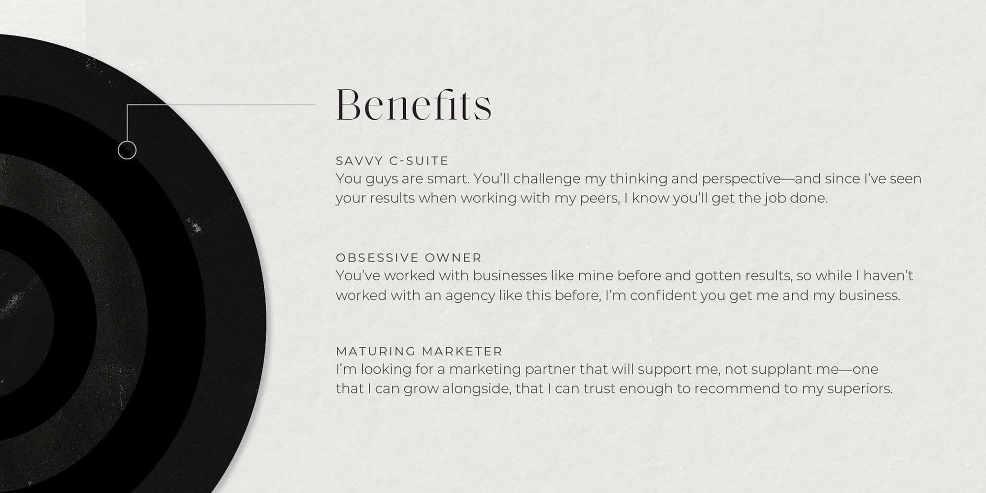 Case study benefits section with three quoted testimonials