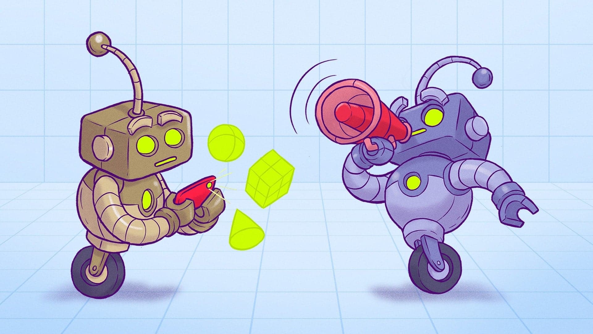 Two stylized robot characters, one tan and one purple, exchanging colorful geometric shapes
