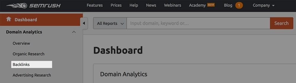 Semrush platform dashboard showing backlink analysis metrics and reports