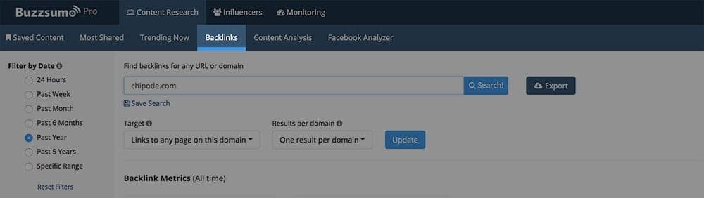 BuzzSumo backlink research interface showing competitor link analysis