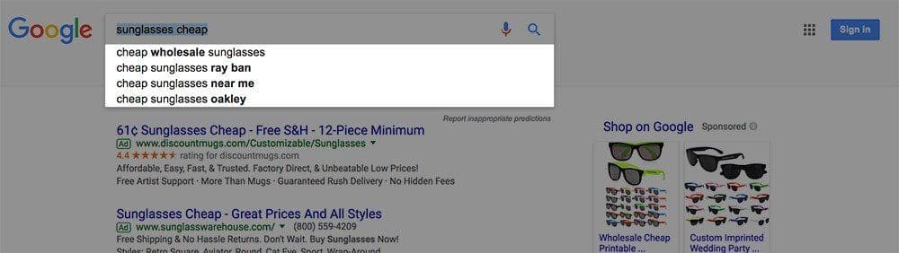Google search dropdown showing related search suggestions for 'cheap sunglasses'
