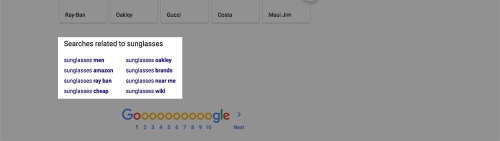 Google search results page showing 'searches related to sunglasses' dropdown suggestions