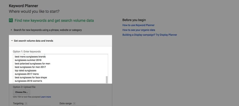 Google Keyword Planner interface with option to enter keywords for search volume data