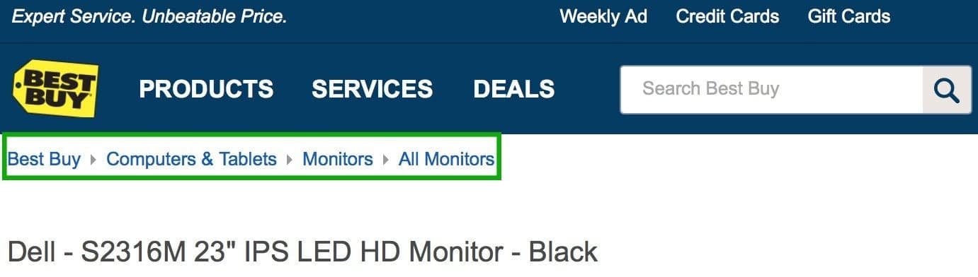 Best Buy website navigation showing products, services, and deals sections