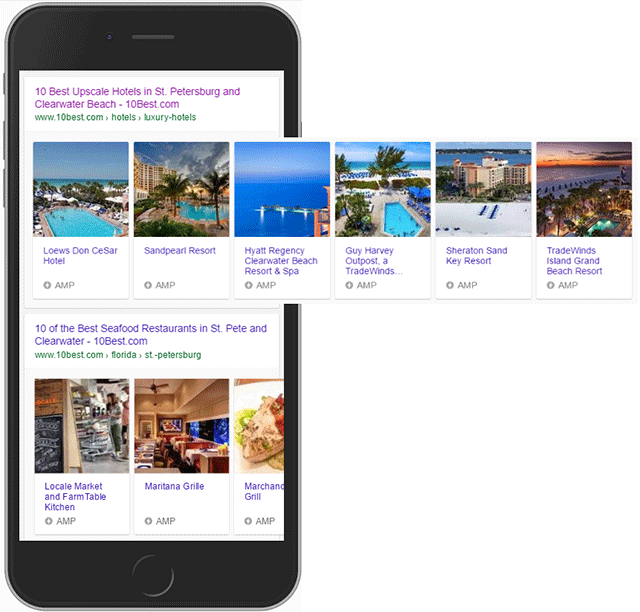 Google AMP hotel carousel results for mobile search