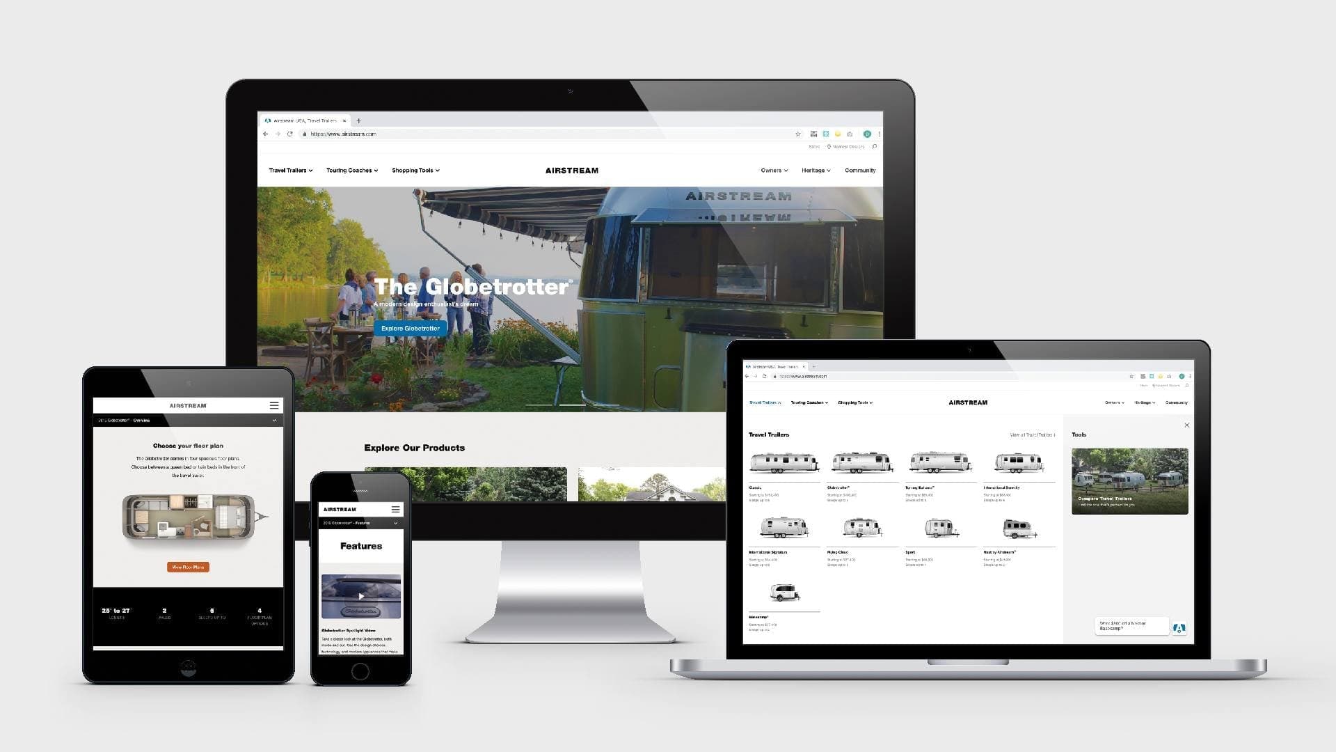 Airstream RV product mockup on multiple device screens