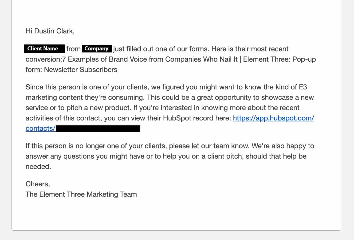 Email template example showing client conversion notification with Element Three branding