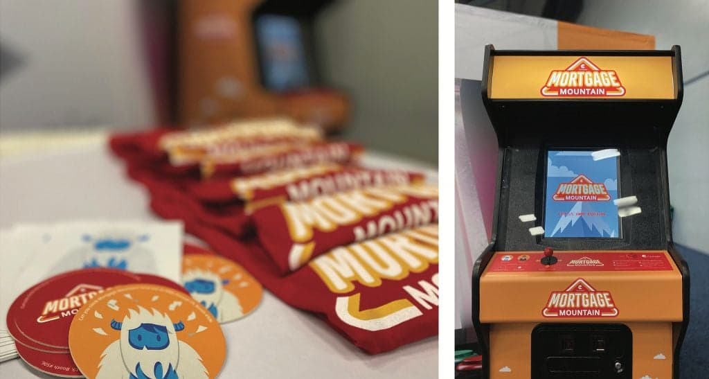 Mortgage Mountain video game merchandise and arcade cabinet