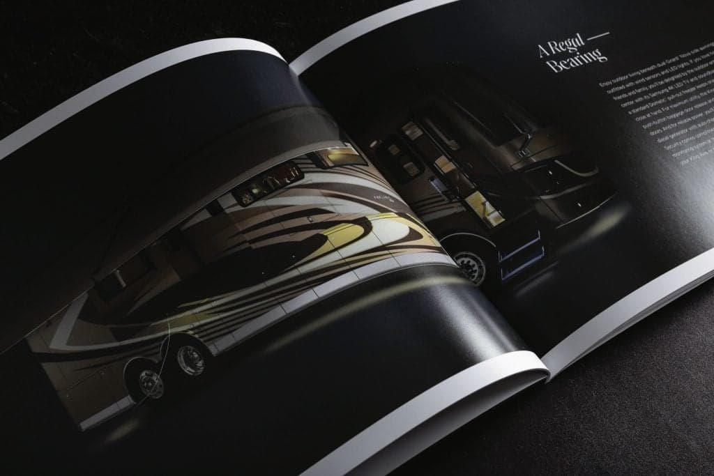 Newmar luxury diesel brochure spread showcasing RV interior design