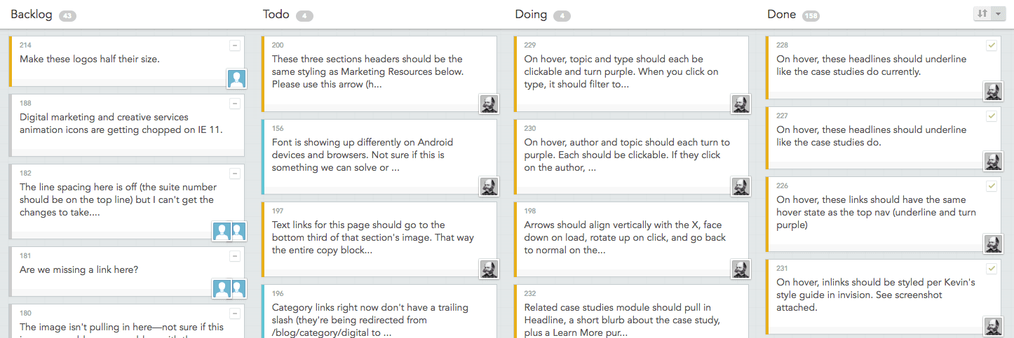 Trello project management board showing workflow status columns