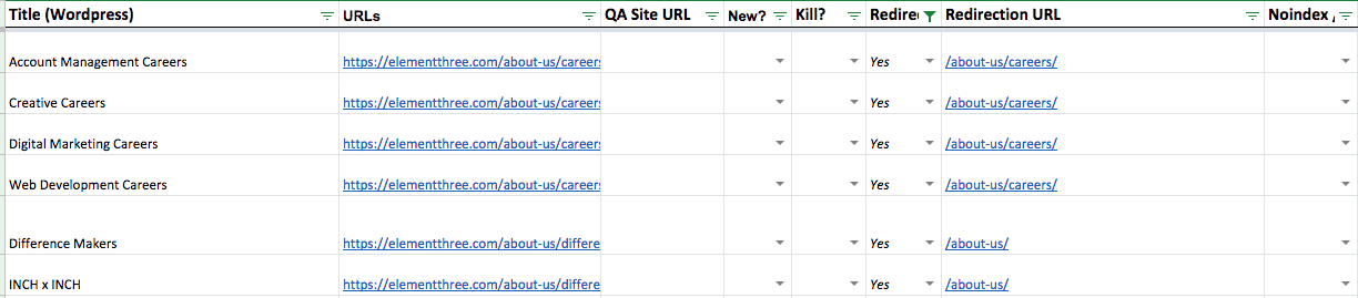 Spreadsheet of Element Three career paths and redirects to about-us routes