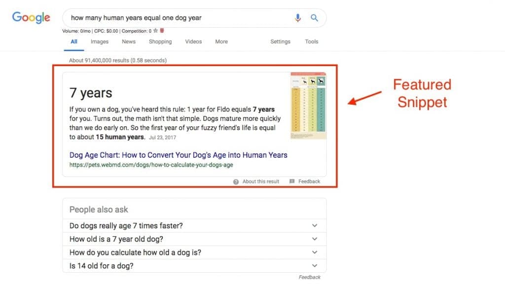 Google search result showing featured snippet about dog age conversion