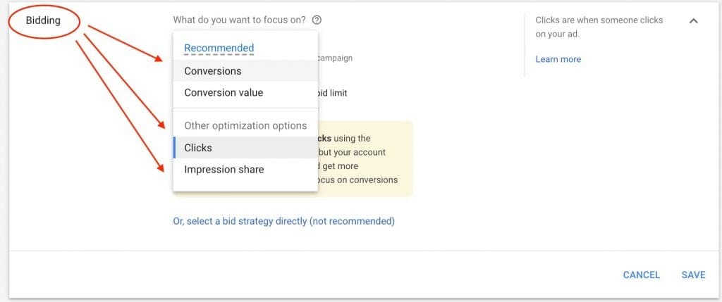 Google Ads bidding strategy options interface with Conversions dropdown expanded