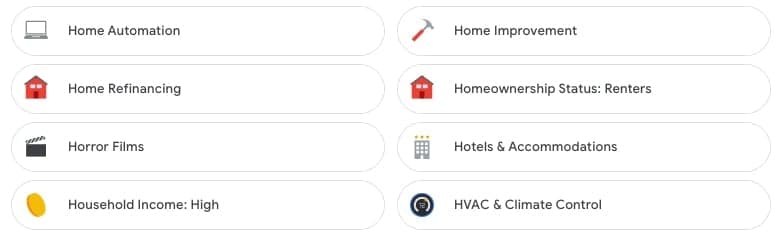 Filter menu options for home-related categories and amenities