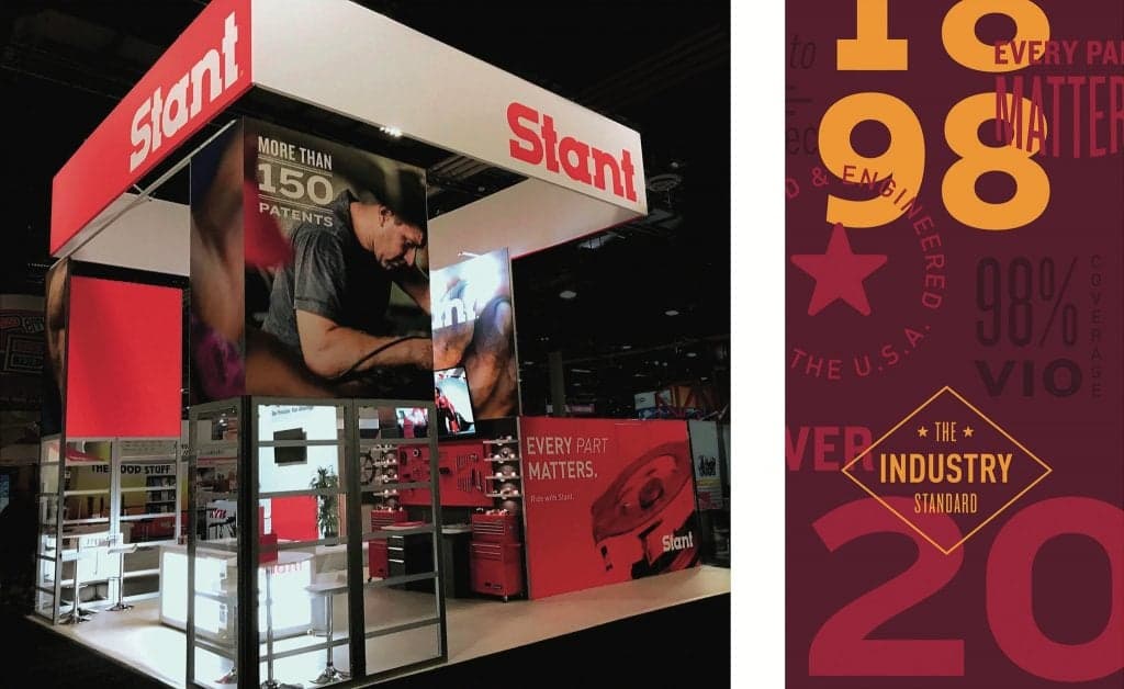 Stant rebrand booth and merchandise showcasing evolved brand identity
