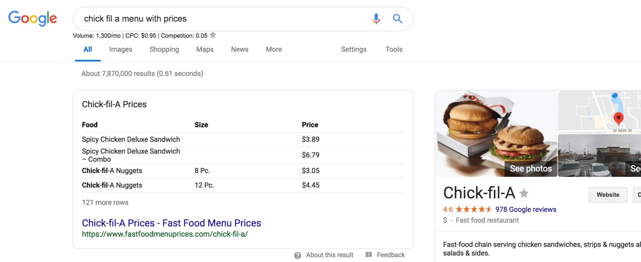 Google search results for Chick-fil-A menu prices with food items and pricing table