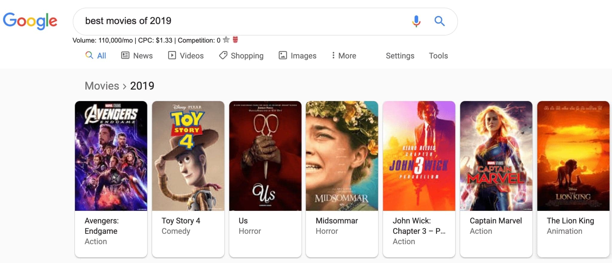 Google search results for best movies of 2019
