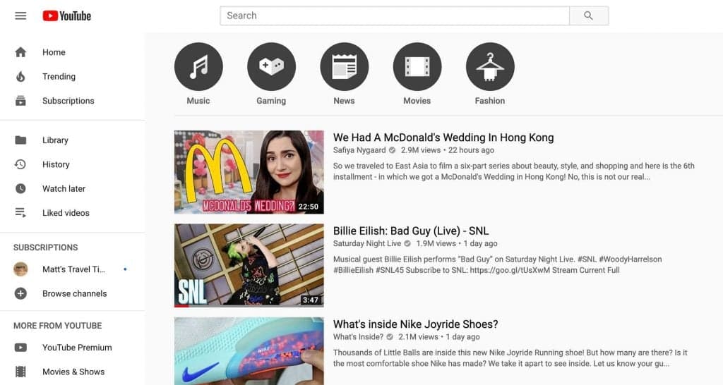 YouTube home page showing trending content