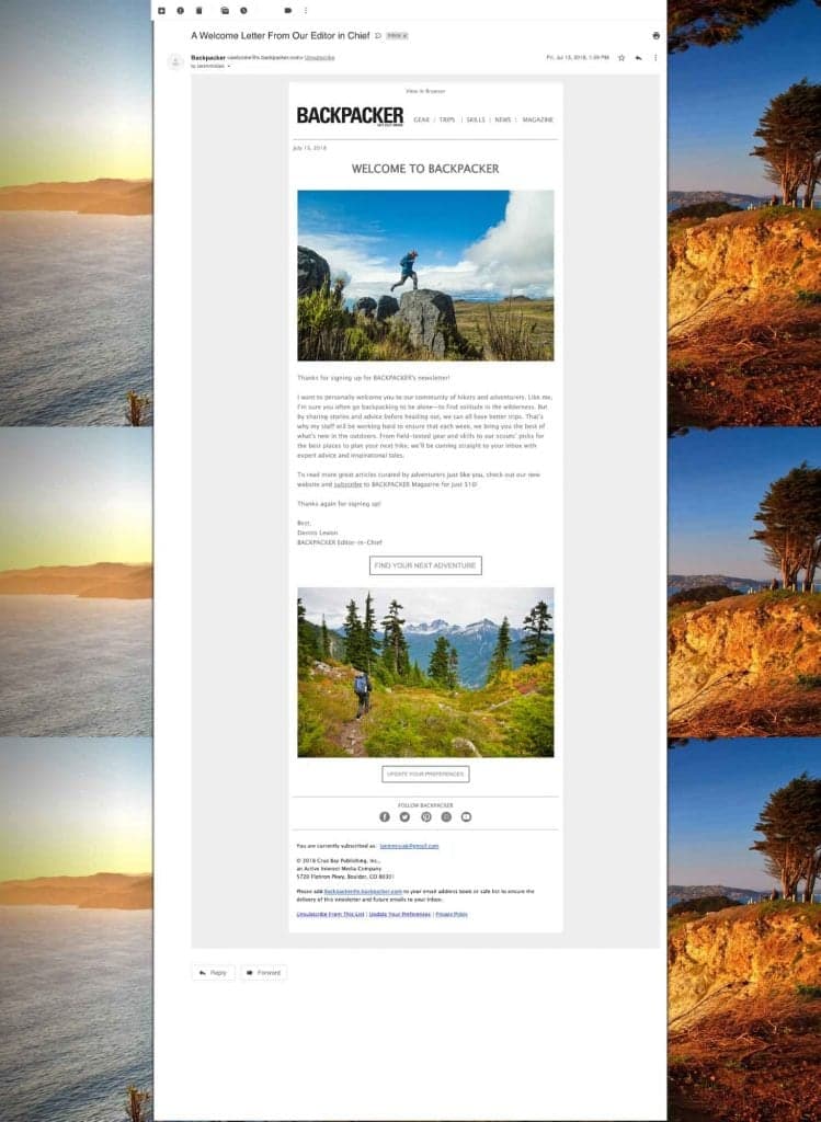 Backpacker magazine email marketing layout example