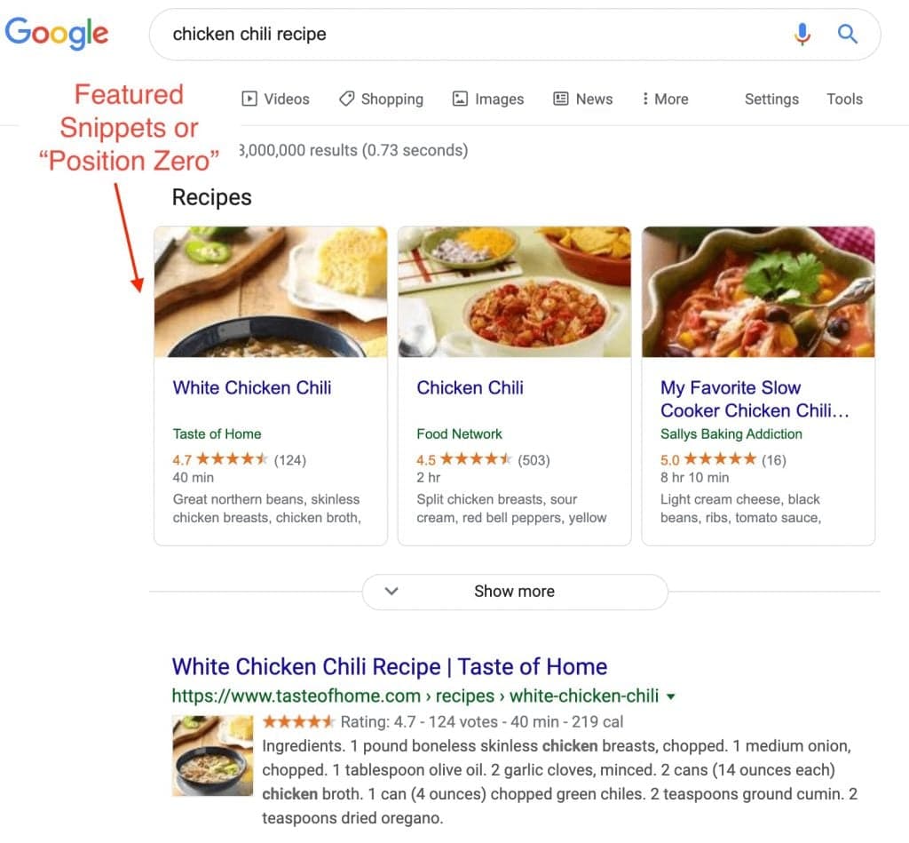 Google search highlighting featured snippets for recipe queries