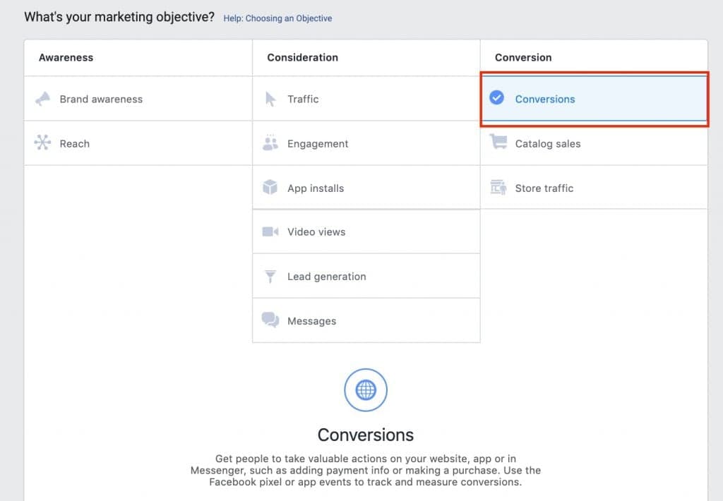 Facebook conversion objectives selection screen