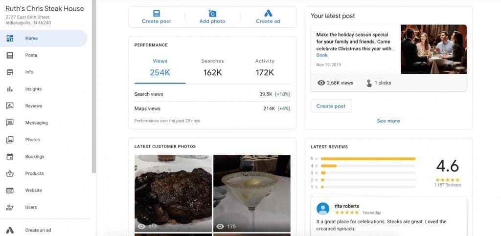 Facebook business page analytics dashboard for Ruth's Chris Steak House