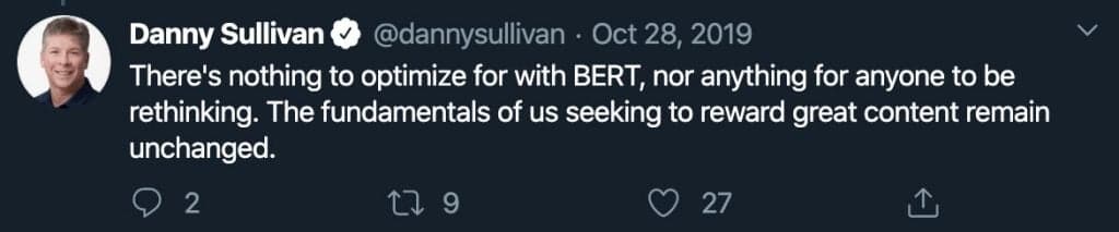 Tweet from Danny Sullivan about BERT search algorithm