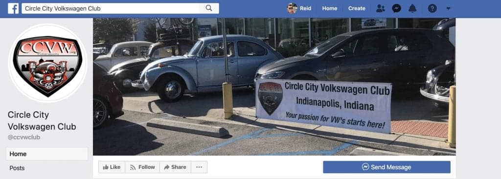 Circle City Volkswagen Club Facebook page with classic vehicles and banner