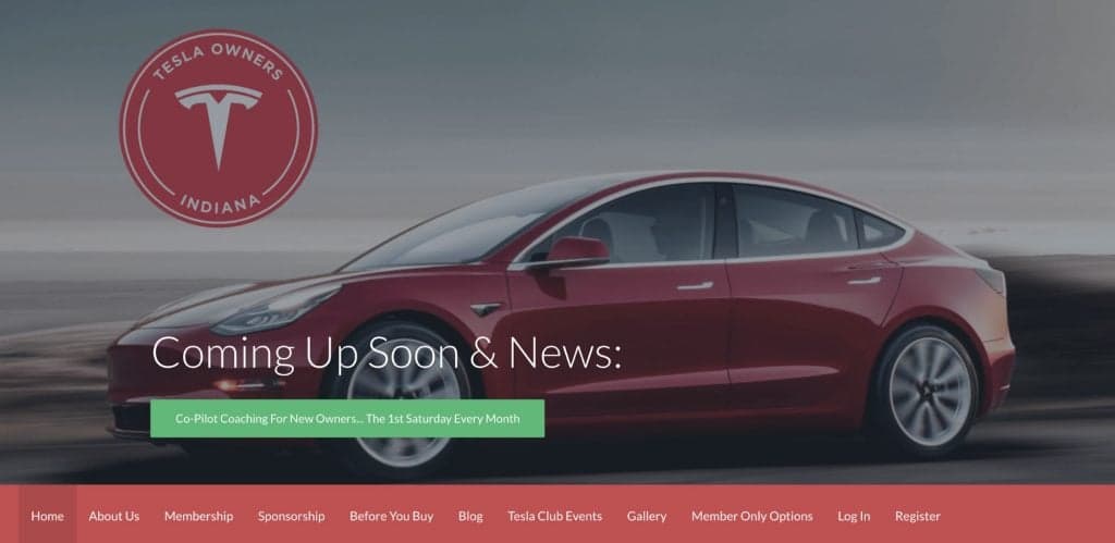 Tesla Owners Indiana group website interface with upcoming news section