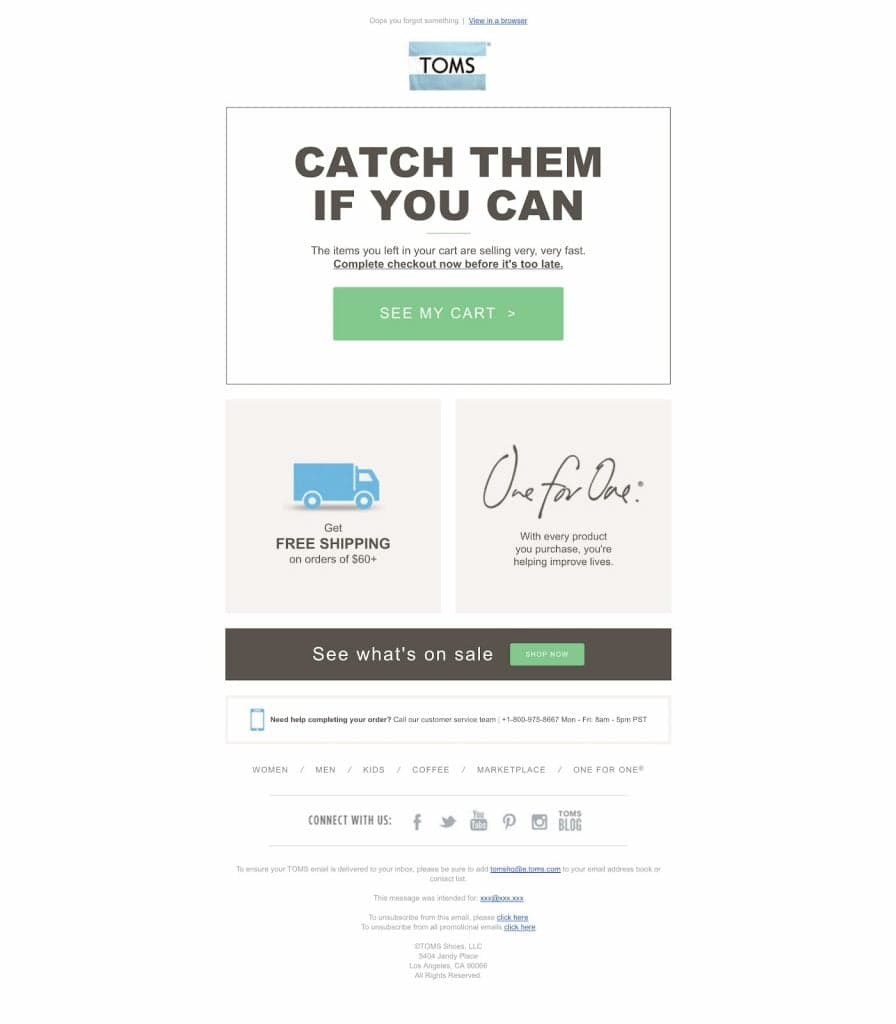 TOMS brand abandoned cart email reminder interface