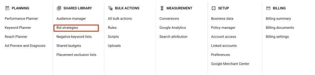 Google Ads interface showing bidding strategies menu