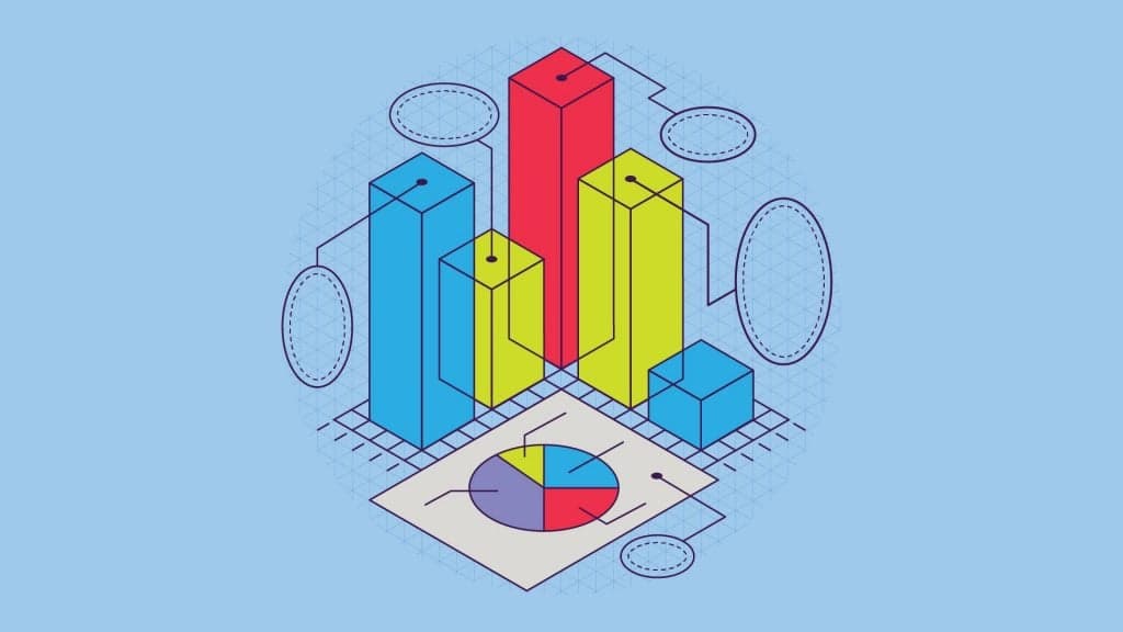 Isometric chart visualization with colorful 3D bars and pie chart