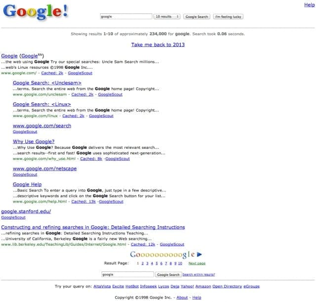 Google search results page from 1998 showing original interface