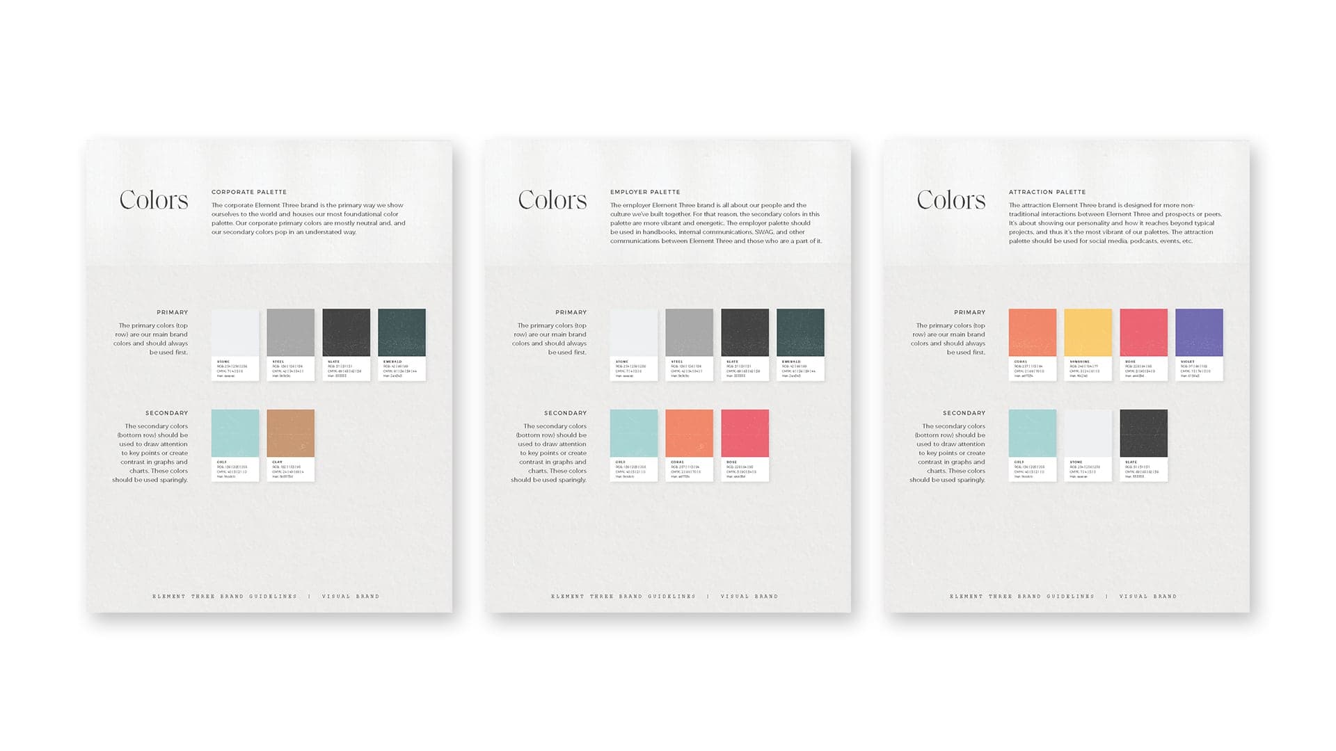 Color palette brand guidelines showing corporate, employer, and accent color systems