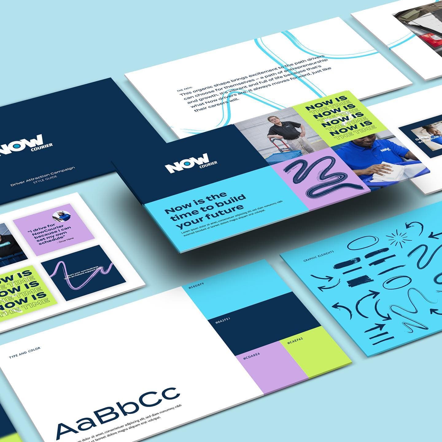 NOW brand style guide showing colorful collateral design system samples