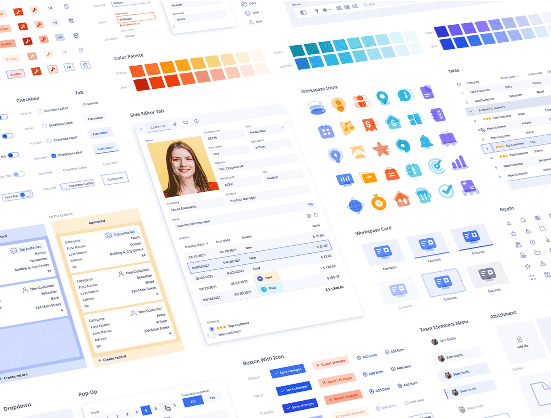 Design system guide showing color swatches, icons, typography, and UI components