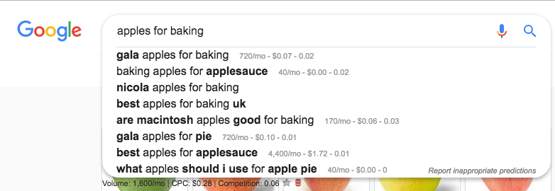 google related search with apples for baking in search engine