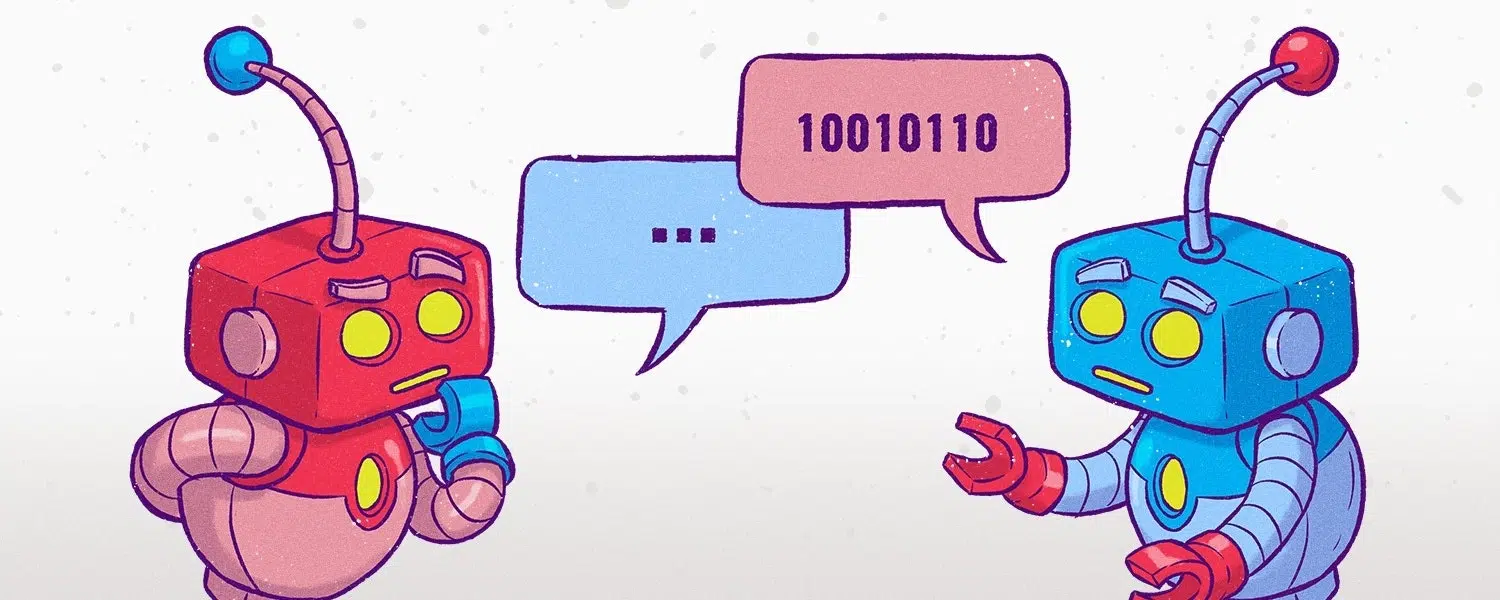 two illustrated robots chatting back and forth