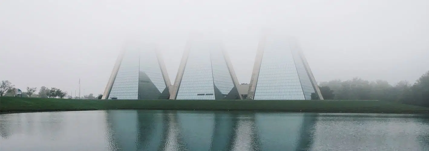 the Pyramids building group in Indianapolis, IN on a foggy day