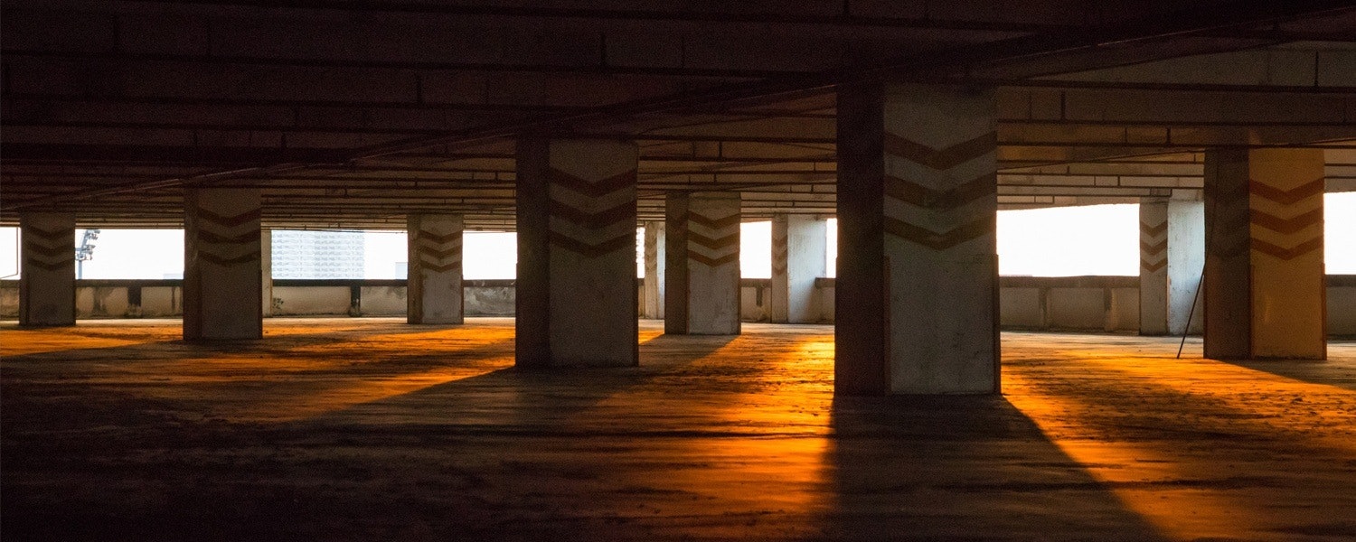 empty parking garage at sunset