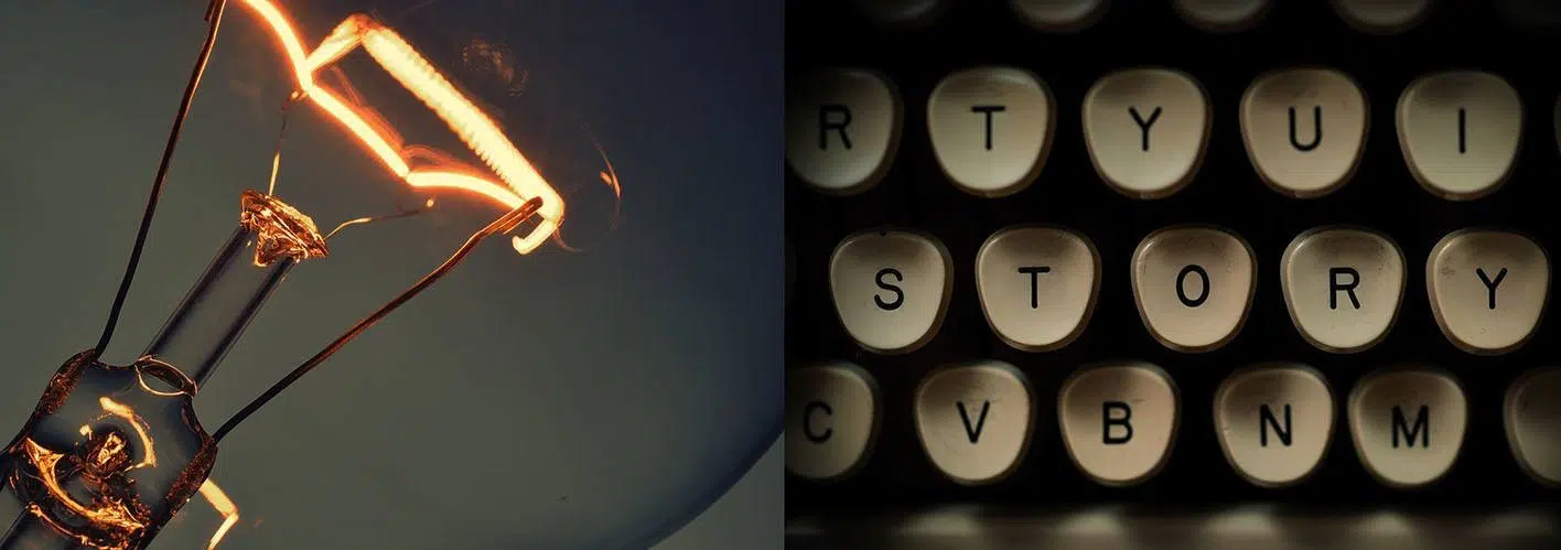 edison lightbulb next to typewriter