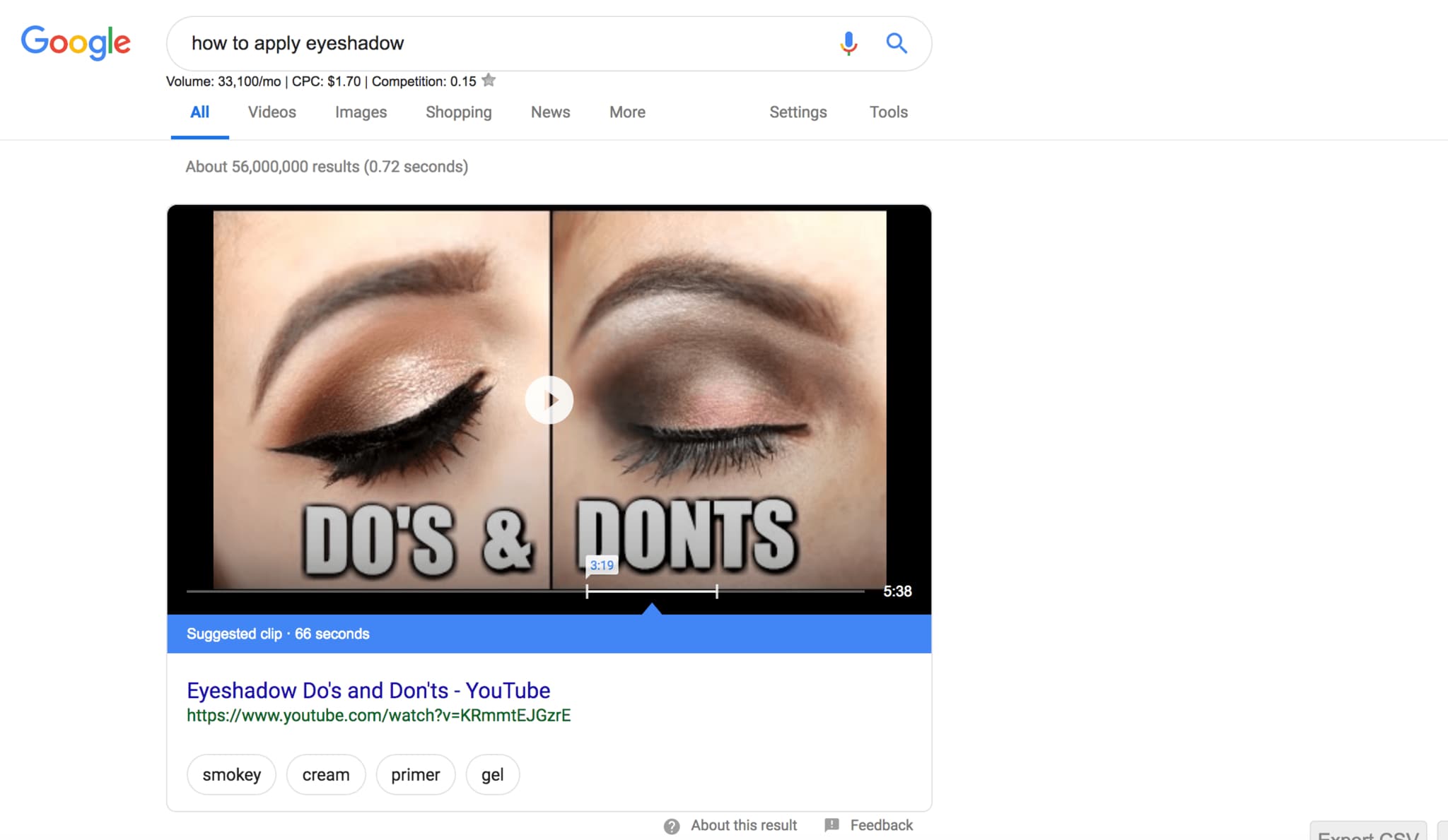 youtube featured snippet showcasing eye makeup tutorial