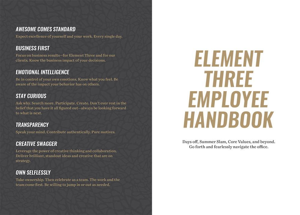 E3 employee handbook with core values listed