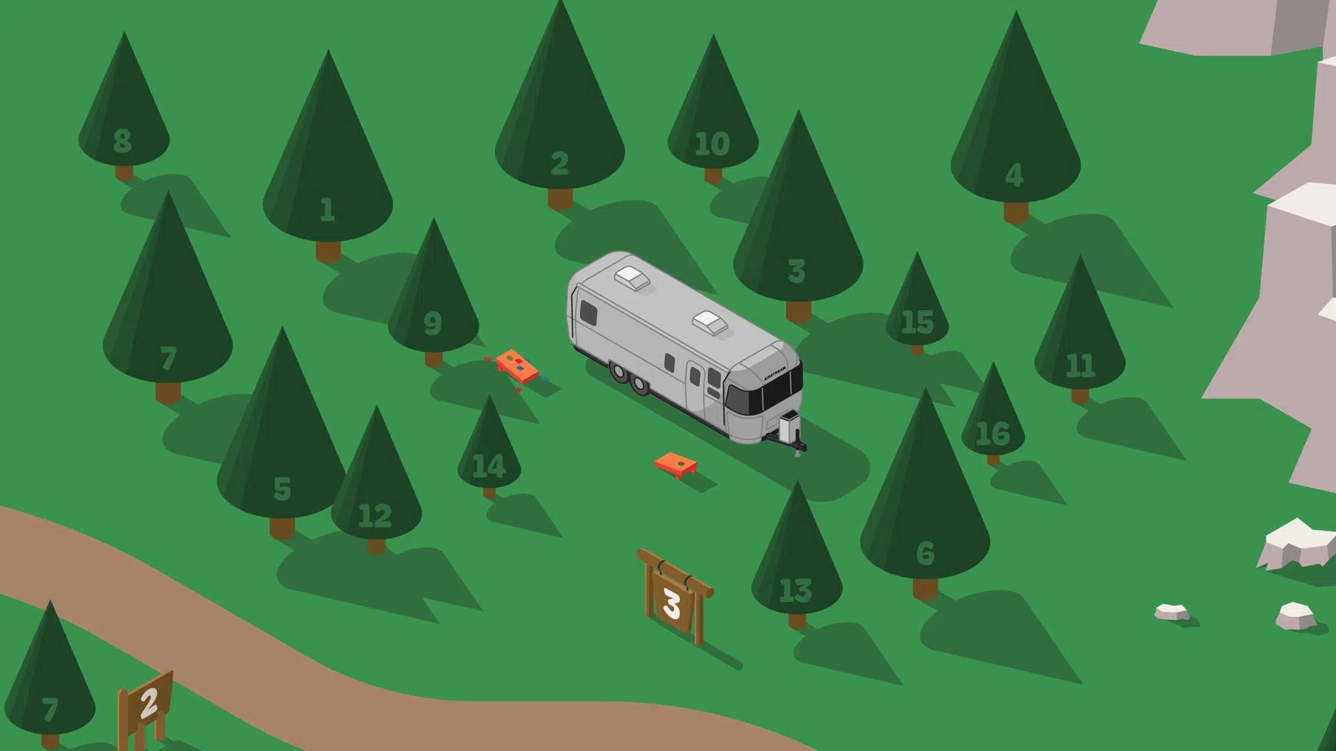 Illustrated Airstream with Trees Around Campground