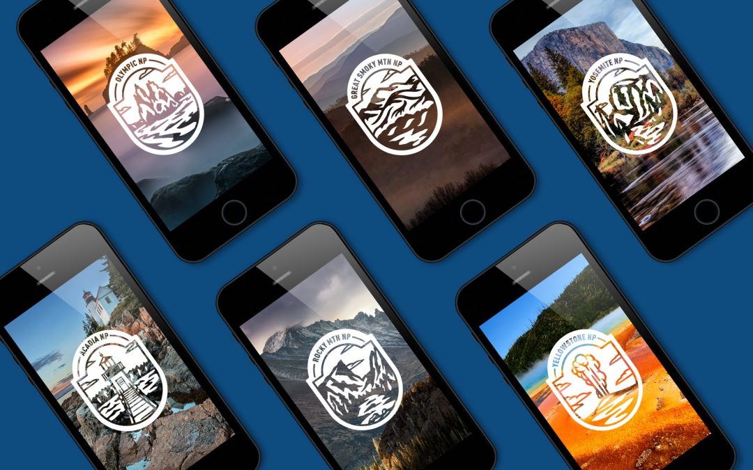 Phones Showcasing National Park Badges on Blue Background