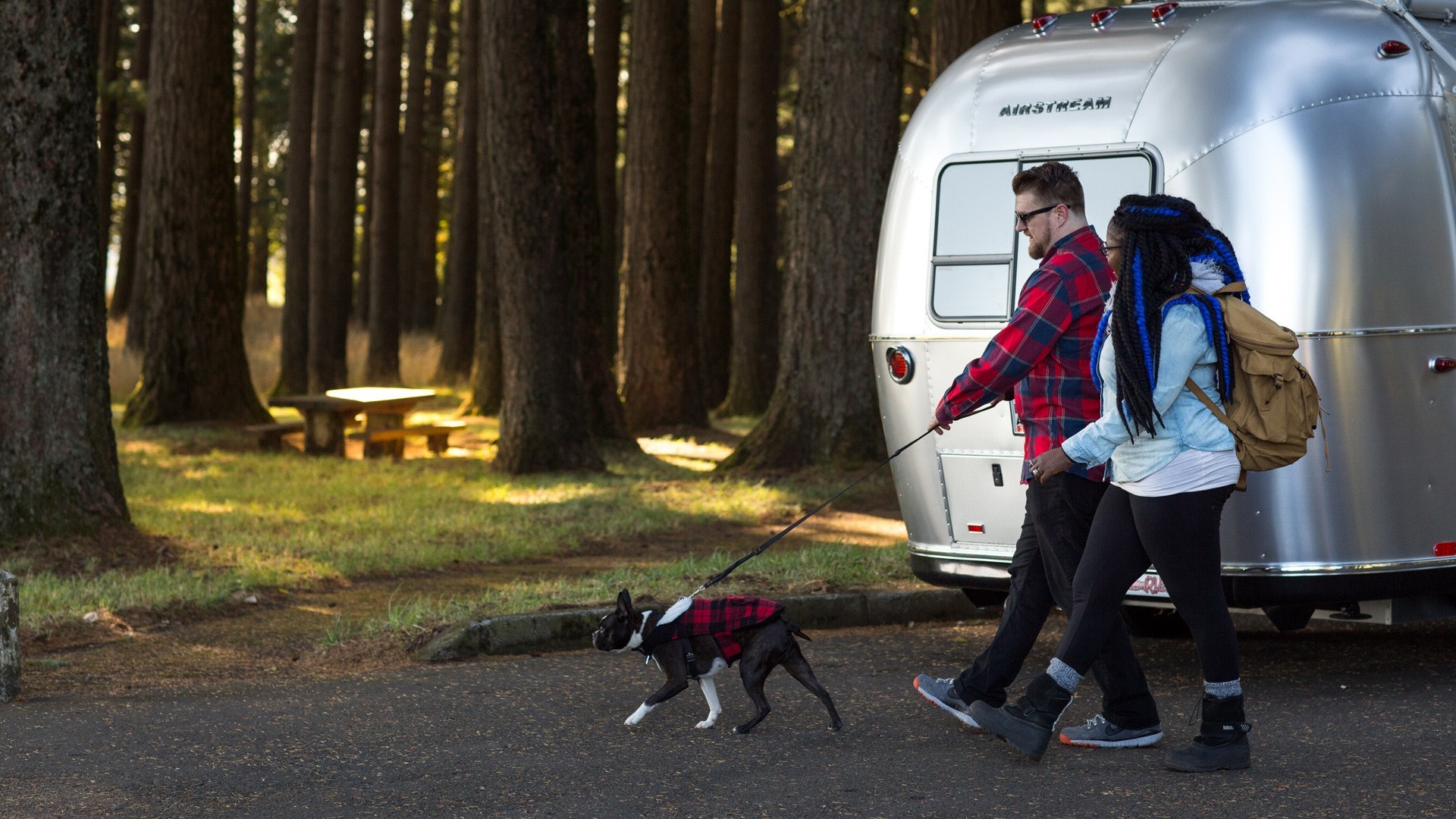 Couple Walking Dog in Front of Aluminum Travel Trailer